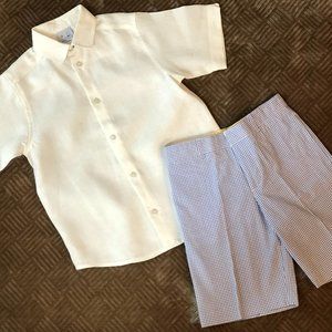 White Linen Polo and Seersucker Shorts Set